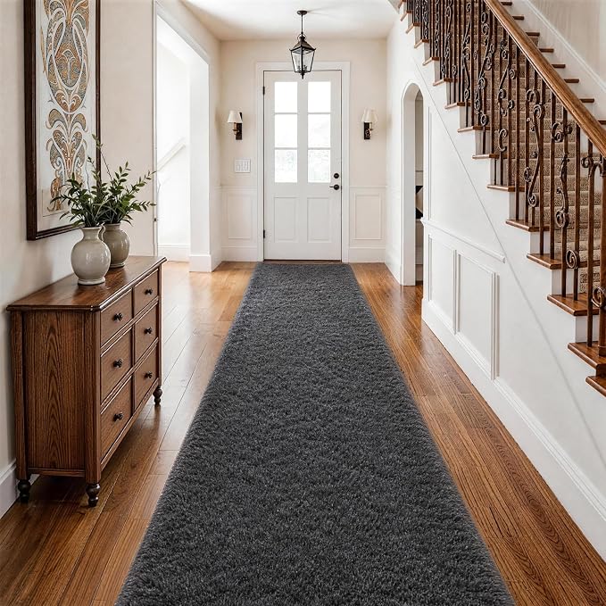 Ophanie Runner Rug for Hallway,2.5x12 Washable Non-Slip Fluffy Soft Bedside Rugs,Bedroom Living Room Shaggy Carpet for Kids Girls Boys Dorm Nursery Decor Aesthetic, Grey with Over 99 pcs Pile fibers