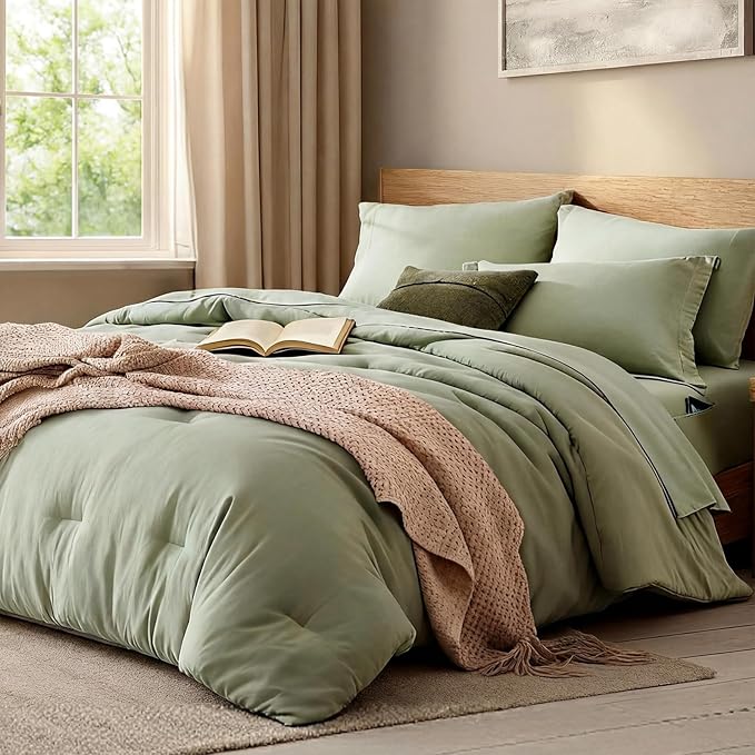 Oversized Queen Comforter Set -7 Pieces Soft Bed in a Bag Queen Bedding Set | Prewashed All Season Comforter with Sheets, Pillow Shams & Pillowcases, Sage Green