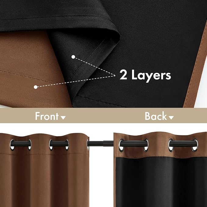 MIULEE Mocha Brown 100% Blackout Curtains for Bedroom 90 Inch Long | 2 Thick Layers Thermal Insulated Window Curtains with Black Liner, Noise Reducing Grommet, Drapes for Living Room, 2 Panels