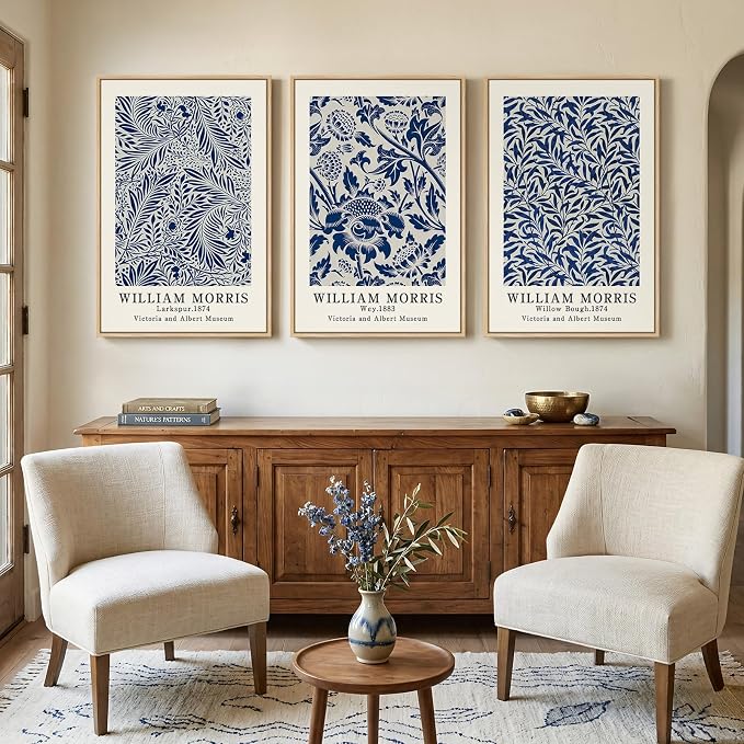 Large Framed William Morris Blue Canvas Wall Art for Living Room, 3 Piece | Fine art, Botanical, Floral, Nature, Aesthetic, Navy blue, Easy to hang, Waterproof, Bedroom/Office/Hallway/Wall decor