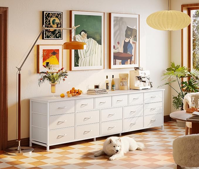Huuger 77.6" Long Dresser for Bedroom, 16 Drawer Fabric Dresser for Closet, Wide Chest of Drawers with Storage, TV Stand for 65, 75, 85 Inch TV, 77.6" W x 13" D x 26.4" H, White