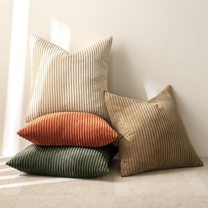 MIULEE Fall Corduroy Decorative Throw Pillow Covers Rust-Olive Green 24x24 | Set of 4, Vintage Fall Decor, Rustic Brown Green Collection, Boho Farmhouse Cushion Covers for Couch Bed Sofa Living Room