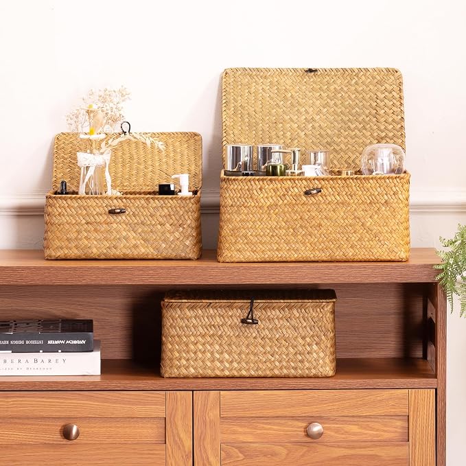 Nonam Small Wicker Basket with Lid,Seagrass Shelf Storage Basket,Natural | Basket Container for Organizing, Boho Decorative Basket, Rectangular Household Storage Boxes for Home Organization