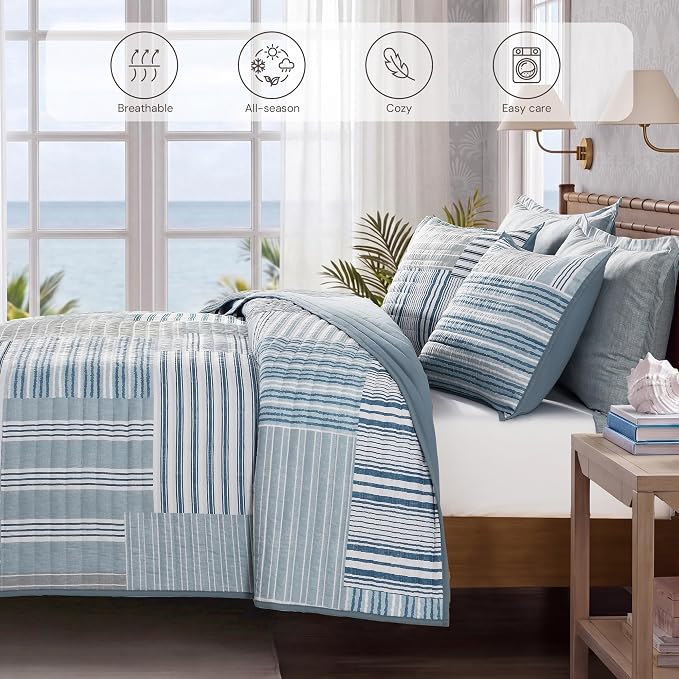 King Quilt Set-3 Pieces Soft Bedding Lightweight Floral Patchwork Coverlet | All Seasons Quilts Queen Size for Bed, 1 Quilt (106" x 94") and 2 Shams (20" x 36"), Vintage Bedspread, Blue Stripe