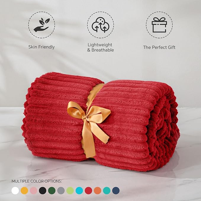BEDELITE 3D Ribbed Jacquard Red Fleece Twin Blanket for Couch, 60x80 Inch | Soft Warm Fluffy Throw Blanket for Bed Sofa College Dorm Room Decor, Luxury Cozy Plush Gifts for Women Girls, Lightweight