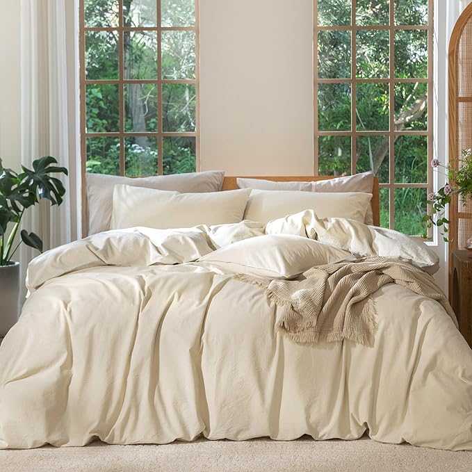 MooMee Duvet Cover Set 100% Washed Cotton Linen Like Alaska King | Relaxed Linen-like Texture. Soft, Breathable & Long-lasting Comfort. Lightweight. Hidden Zipper with 8 Interior Corner Ties