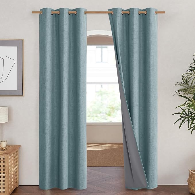 NICETOWN 100% Absolutely Blackout Linen Curtains with Thermal Insulated White Liner, Skylark Blue, 42 inches Wide, 84 inches Length Energy Saving Curtains for Living Room 2 Panels Set, Vertical Blinds