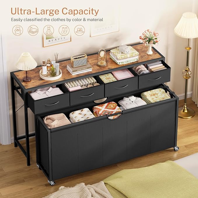 Laundry Sorter, Rolling Laundry Hamper with 5 Section Pul-Out Bags, Laundry Basket Organizer with 4 Drawers, Laundry Hamper with Wheels for Laundry Room Organization, Bathroom, Bedroom