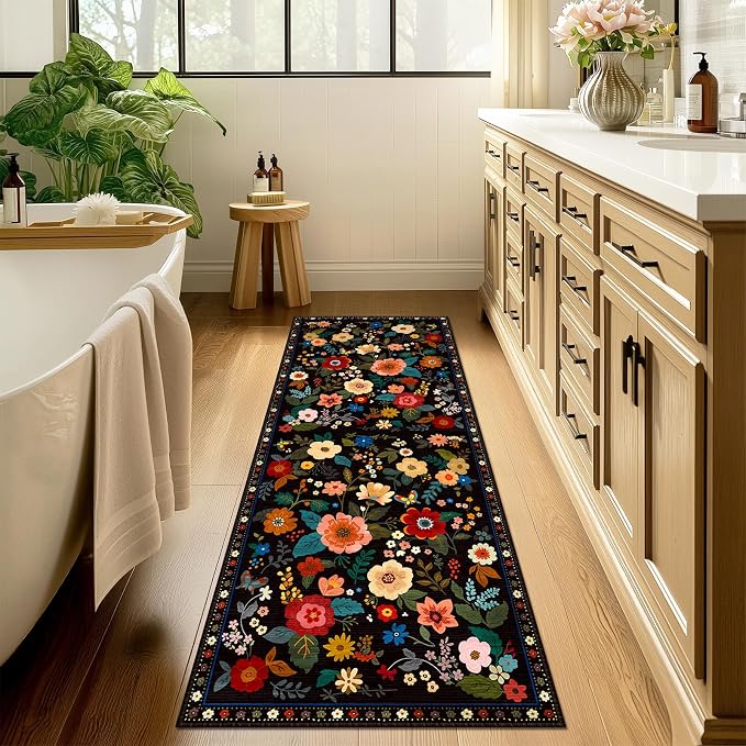 Floral Washable 2x10 Area Rugs Runner Entryway Hallway Black | Flower Carpet, Print, Boho, Non-Slip, Easy to Clean, Low Pile, Soft, for Living Room Bedroom Kitchen Office Entrance