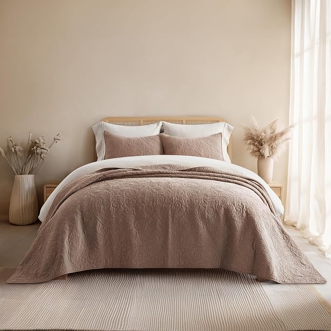 EVERGRACEHOME 100% Cotton Paisley Quilt Set, Queen Size, Dusty Brick | Prewashed for Softness, Year-Round Breathability, Gift-Ready Box, Matelasse-style Quilted Coverlet, 3 Piece Set with 2 Shams