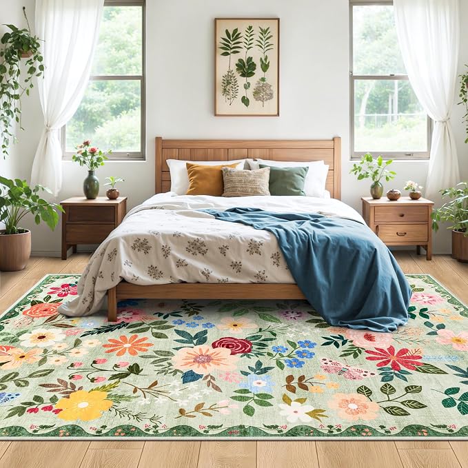 PLHXFR Area Rug Living Room: 4x6 Floral Washable Boho Soft Carpet Green | For Bedroom Dining Room Farmhouse Nursery Hallway,Vintage Floral,Machine washable,Non Slip,Stain Resistant,Large Indoor