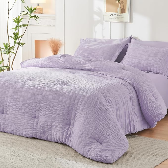 HYMOKEGE Lavender Oversized Queen Comforter Set Seersucker 7 Pieces, All Season Luxury Bed in a Bag for Bedroom, Bedding Set with Comforter, Sheets, Pillowcases & Shams