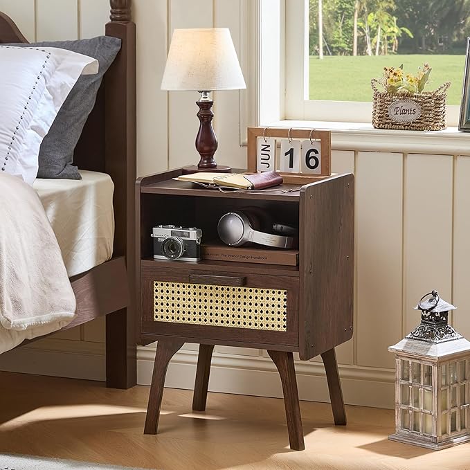 Lerliuo Rattan Nightstand, Bedside Table with Drawer Open Shelf | Cane Accent Side End Table with Solid Wood Legs, Walnut Vintage Night Stand for Bedroom, Dorm and Small Spaces