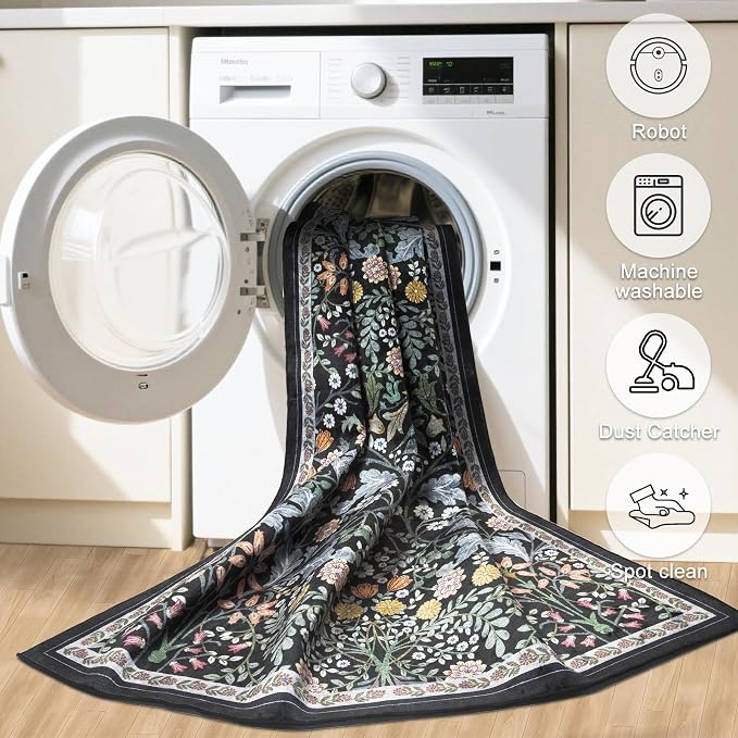 PLHXFR Area Rug 10x12 Living Room: Floral Washable Boho Carpet Dark Black | For Bedroom Dining Room Farmhouse Nursery Hallway,Vintage Floral,Machine washable,Non Slip,Stain Resistant,Large Indoor