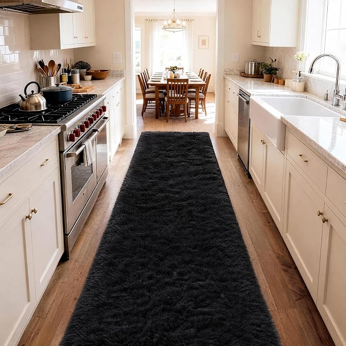 Ophanie Runner Rug for Hallway,2.5x12 Washable Non-Slip Fluffy Soft Bedside Rugs,Bedroom Living Room Shaggy Carpet for Kids Girls Boys Dorm Nursery Decor Aesthetic,Black with Over 99 pcs Pile fibers