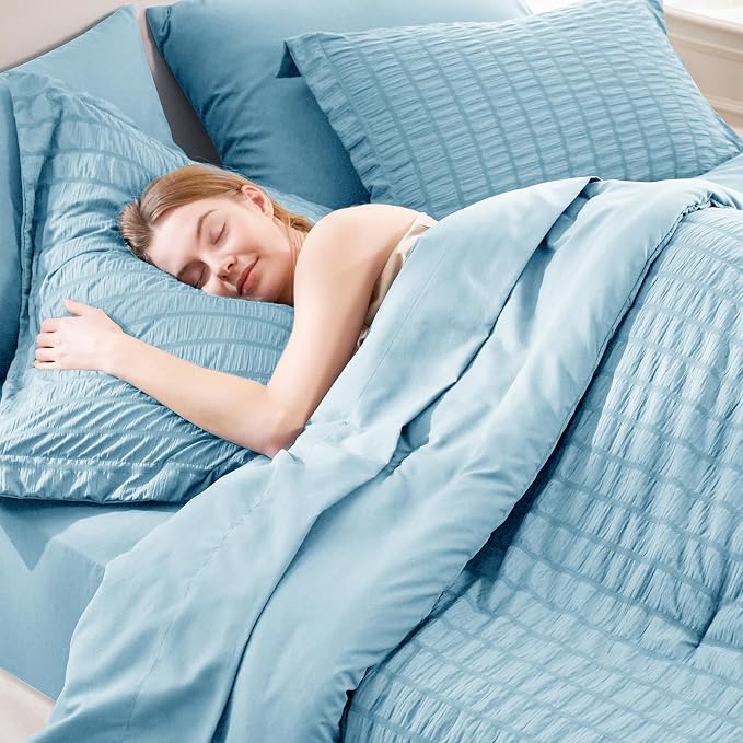 Queen Comforter Set, 7 Pieces Sky Blue Seersucker Bed in a Bag | OEKO-TEX Certified, All Season Bedding Set with 240 GSM Down Alternative Comforter, Flat & Fitted Sheets, Pillowcases & Shams