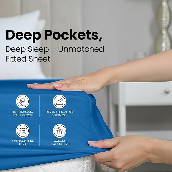 Queen Fitted Sheet, Ultra Soft Fits Up to 16 Inch Deep Pocket, Dusk Blue | Hotel Comfort, Cooling & Breathable Cotton like Polyester, Easy Fit, Wrinkle & Fade Resistant, Snug Fit, Easy Care, Oeko-Tex