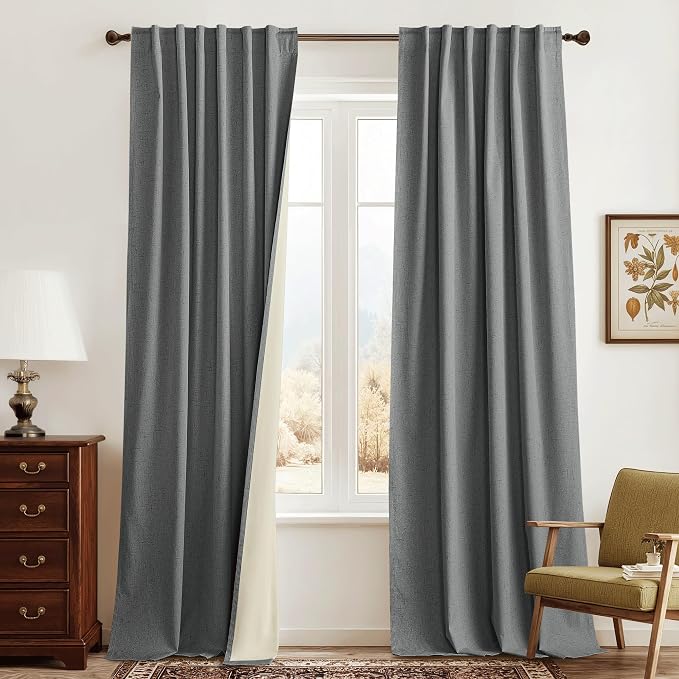 RYB HOME Grey Linen Blackout Curtains for Sliding Glass Door, 100% Blackout Linen Textured Thermal Privacy Modern Drape Panels for Dining Room Large Window, 52" W x 108" L, 2 Panels Set