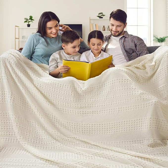 PHF Lightweight 100% Cotton Waffle Blanket, Oversized King, Ivory | Pre-Washed Soft Cotton Comfor, Extra Large 10'x10' Blanket, Giant Big Luxury Aesthetic Woven Bedding for Home Decor