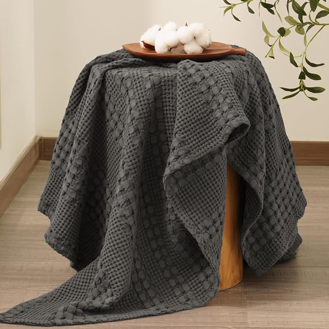 PHF Lightweight 100% Cotton Waffle Throw Blanket for Couch, Charcoal Grey | Pre-Washed Soft Cotton Comfort, Breathable Layering Warmth for Fall & Winter, Office, Travel, Sofa, Home Decor & Gifts