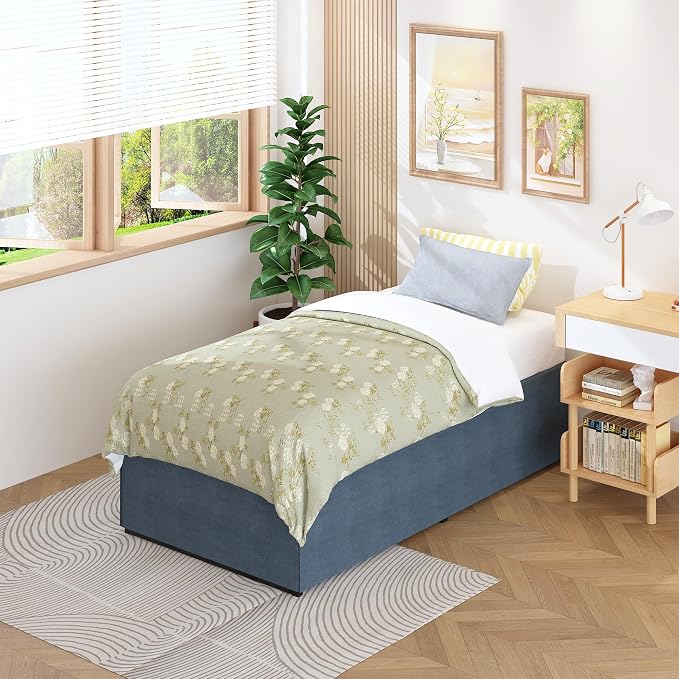 Lutown-Teen 18 Inch Twin XL Bed Frames with Fabric Bed Cover | Heavy Duty Sturdy Metal XL Twin Platform Bed Frame No Box Spring Needed, Noise Free, Easy Assembly, Black and Blue