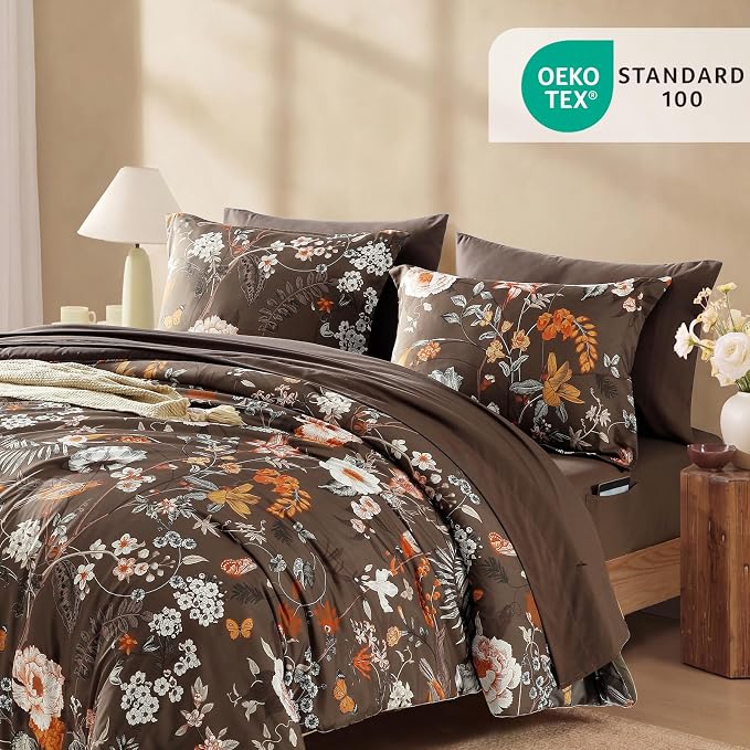 Full Size Comforter Sets - 7 Pieces Floral Bed in a Bag Full Bedding Set | Brown Botanical Flowers Comforter Set with Sheets, Pillowcases & Shams for All Seasons