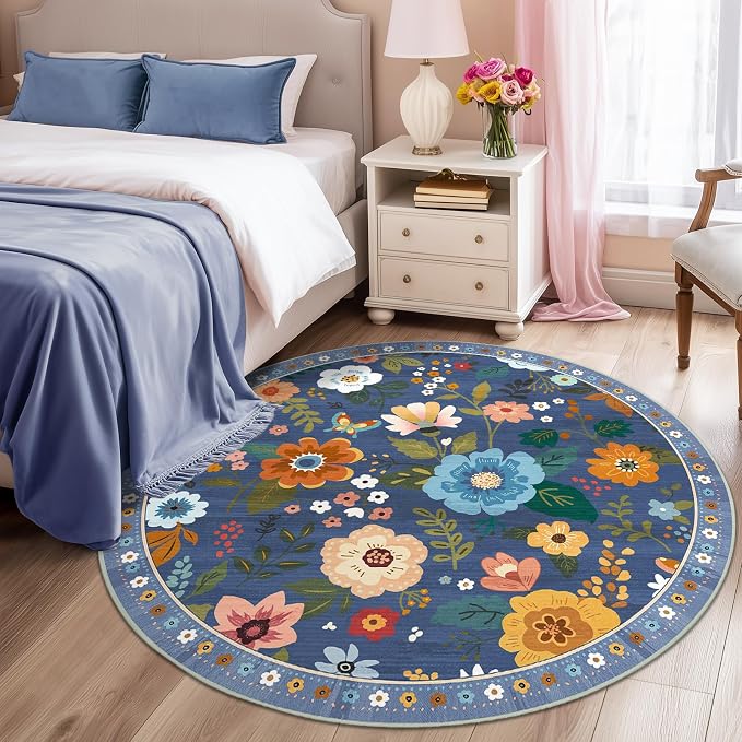 RELEANY Floral Washable Round 6ft Area Rug Blue/Grey | Flower Carpet, Print, Boho, Non-Slip, Easy to Clean, Soft, Low Pile for Living Room Bedroom Kitchen Office Entryway Hallway