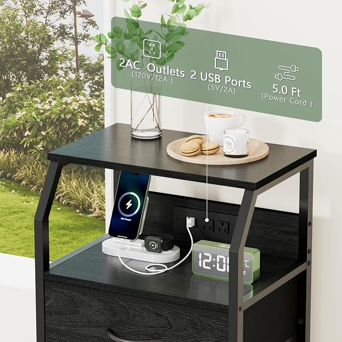 Furnulem 5 Drawers Dresser with Charging Station, Tall Black Nightstand | Tall Dorm Nightstand, Fabric Chest of Drawers with Open Shelf, Bedside Table for Closet, Dresser for Bedroom, 3 Ways to Use
