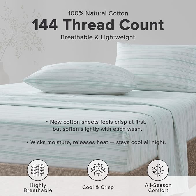 Comfort Spaces 100% Cotton Percale Sheets Full Sheet Set 4 Pcs, Good Vibes | Crisp, Cool & Breathable Bed Sheets, 14" Deep Pocket Fits Up to 16" Mattress, Lightweight, All Season Cozy, with Pillow Case