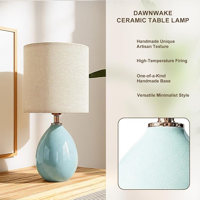 18.5" Ceramic Table Lamps Set of 2 for Living Room Bedroom, Blue | Bedside Lamps for Bedroom Nightstand, Ice Crackle Home Bedroom Living Room Decor, Linen Fabric Shade, 3-Color Temperature