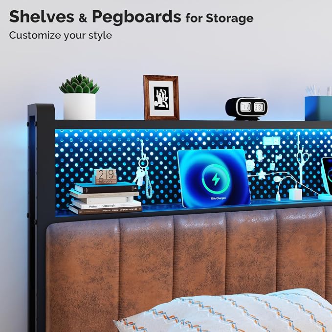 VINGLI Queen Size Headboard Industrial Brown PU Leather Head Boards for Bed with Storage, Upholstered, Chargers and Lights, 2 Tier Shelves and Pegboard,Height Adjustable, Retro Style