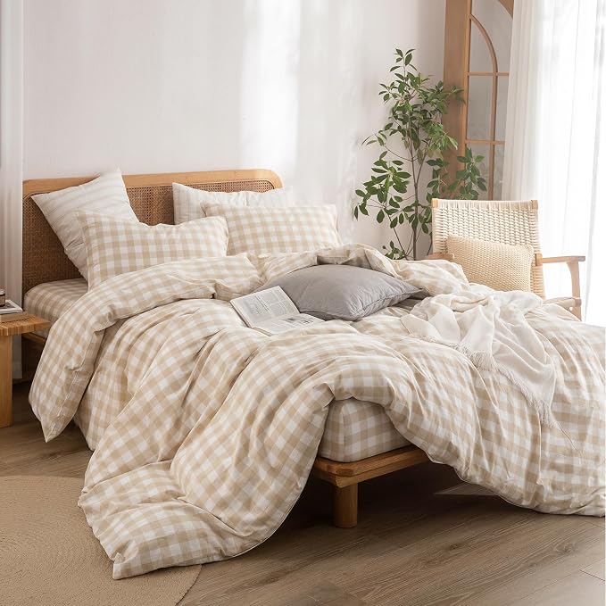BESTOUCH Gingham Cotton Duvet Cover Set Almond Grey King | Washed Cotton, Linen Feel, Soft Wrinkle Texture, Hidden Zipper, 8 Ties, Breathable Lightweight Durable Comfy, 3 Pcs No Insert
