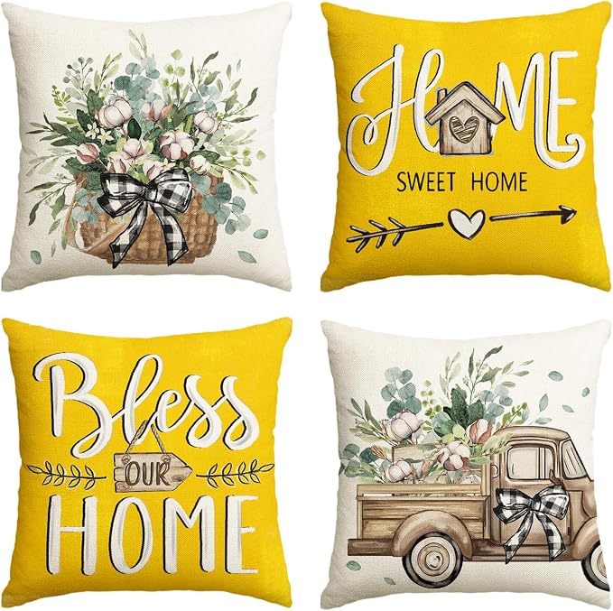 AVOIN colorlife Bless Our Home Farmhouse Eucalyptus Leaves Throw Pillow Covers, 18 x 18 Inch Truck Home Sweet Cushion Case Decorations Set of 4