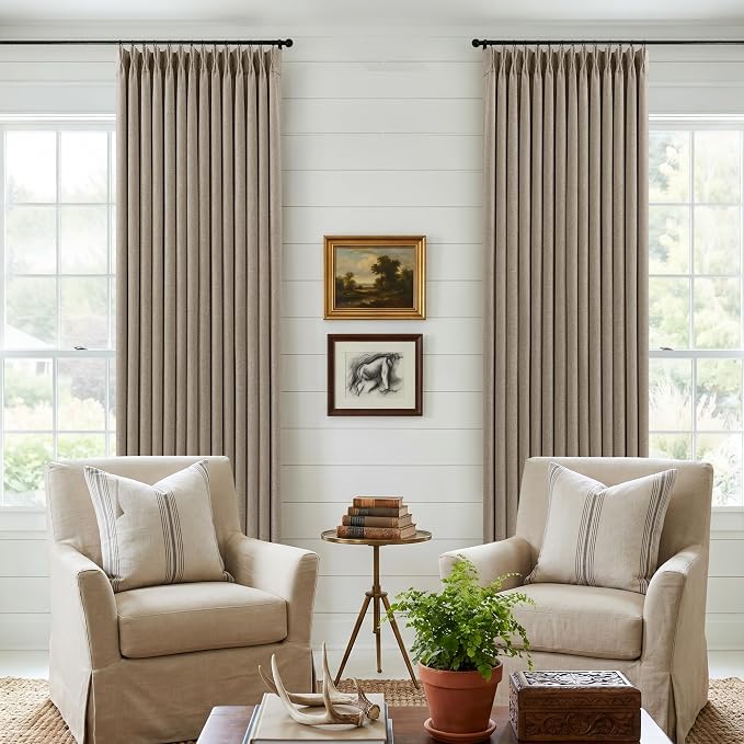 Deep Flax Linen Pinch Pleated 100% Blackout 92 Inch Curtains 2 Panels | Greige Light Taupe, Pinch Pleat Curtains with Liner, Black Out Blocking, Room Darkening, for Bedroom Living Room Window