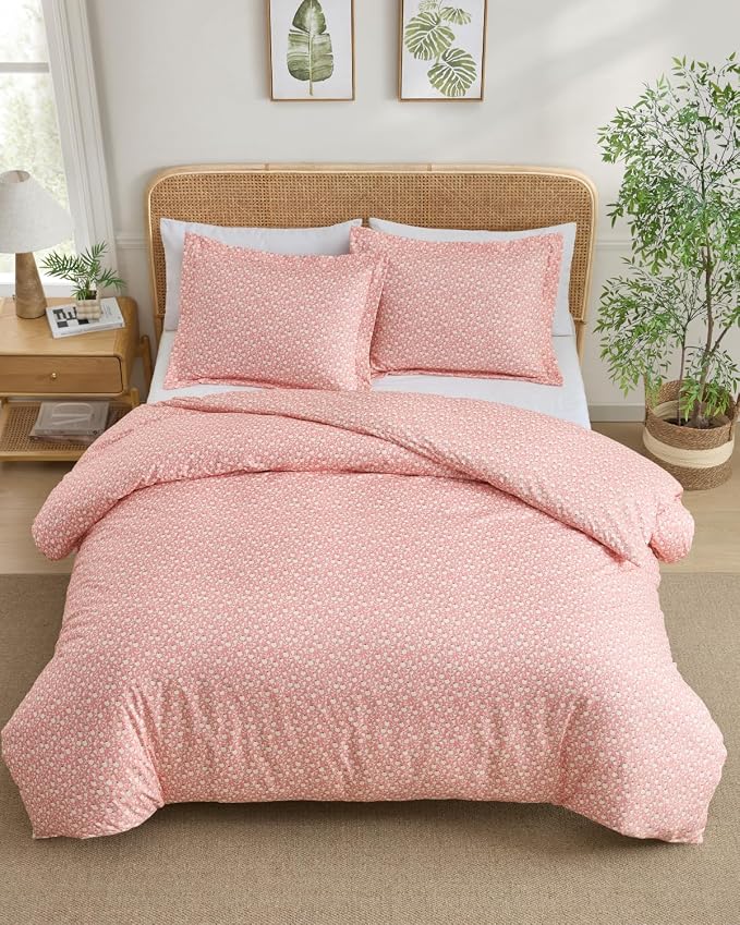 Duvet Cover King Size - Soft Floral Duvet Cover - 3 Piece - Pinkfield | Soft Floral Duvet Cover 104 x 90 with 2 Pillow Shams, Zipper Closures & Ties, Floral Bedding for Women, Men, Kids & Teens