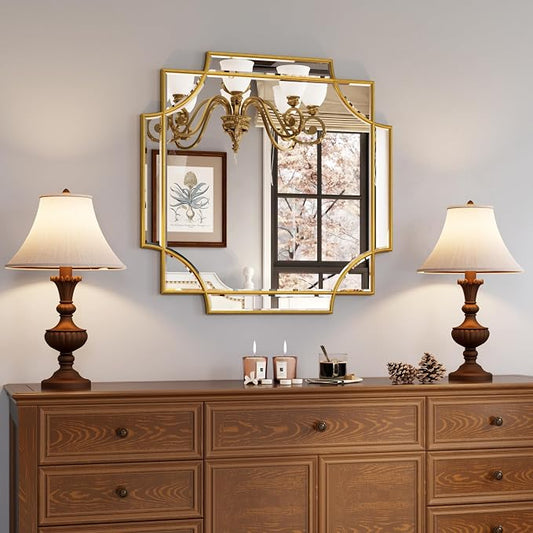 Kelly Miller 26"x26" Gold Foil Scalloped Edge Decorative Vanity Wall Mirror | Hand-Applied Gold Foil Finish. HD Mirror With French Cleat. Elegant Beveled Wall Mirror Decor For Bathroom Bedroom Entryway.