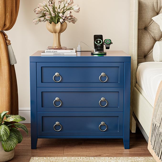 Huuger Paint Night Stand with Charger Station, 3 Drawer Nightstand Set of 2 | Larger Wider Bedside Table with USB-C Port, Modern End Table, for Bedroom, Living Room, Blue Nightstand