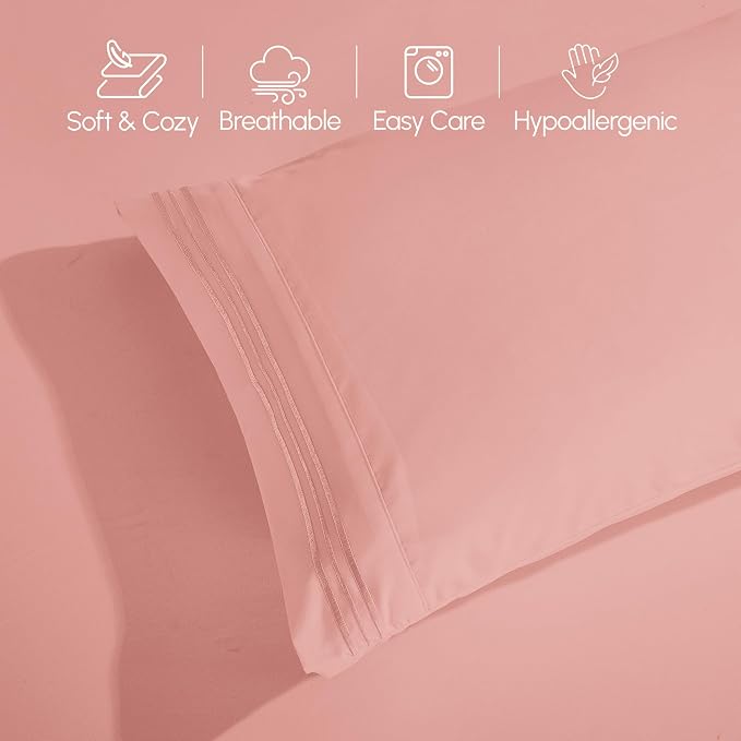 Elegant Comfort Luxurious 1500 Premium Hotel Quality Microfiber Three Line Embroidered Softest 4-Piece Bed Sheet Set, Wrinkle and Fade Resistant, Twin/Twin XL, Dusty Rose