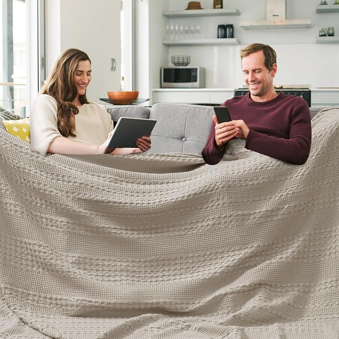 PHF Lightweight 100% Cotton Waffle Blanket, Oversized King, Pearl Gray | Pre-Washed Soft Cotton Comfor, Extra Large 10'x10' Blanket, Giant Big Luxury Aesthetic Woven Bedding for Home Decor