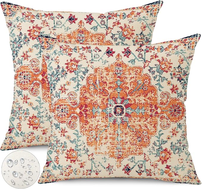 Outdoor Waterproof Pillow Covers - 20x20 Inch Set of 2 Bohemian Vintage Carpet Pattern Pillow Covers in Orange and Blue Ethnic Design for Decorative Farmhouse, Couch, Garden, Balcony