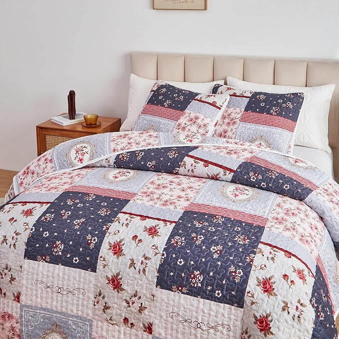Patchwork Quilt Set Full/Queen Size, 3 Pieces Pink Purple Floral Plaid Summer Bedspread Coverlet Set, Soft Microfiber Lightweight Bed Cover for All Season (90" x 90", 1 Quilt+ 2 Pillow Shams)