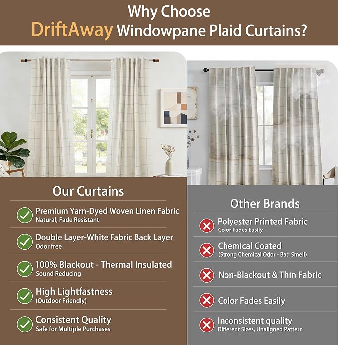 DriftAway 100% Blackout Plaid Linen Curtains 108 Inches Long 2 Panels Taupe | 100% Blackout, Linen Texture, Plaid Pattern, Two Layers, Rod Pocket & Back Tab, Bedroom Living Room Use, Luxury Appearance