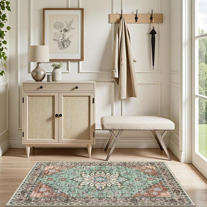 2x3 Area Rugs Living Room: Washable Rug for Bedroom Brown Green | Boho No Slip Stain Resistant Rug Soft Indoor Decor Floor Floral 2x3 Area Rugs for Dining Room, Nursery, Hallway, Home Office