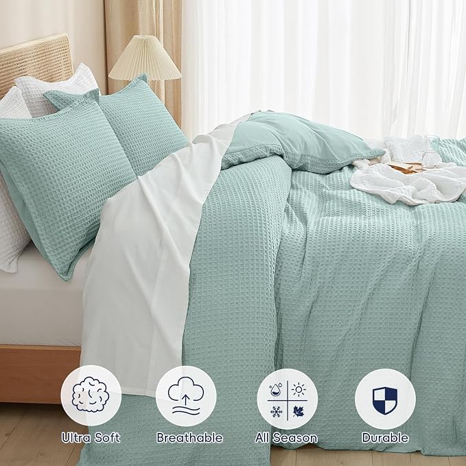 PHF Waffle Duvet Cover Queen, Ultra Soft & Breathable, 90"x90", Aqua | 300GSM Fabrie，No Snagging Textured Honeycomb Comforter Cover for All Season 3pcs, Durable Bedding Duvet Set, Home Decor Gift