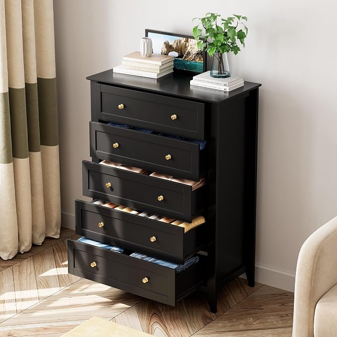 Garvee 5 Drawer Dresser for Bedroom, Modern Tall Chest of Drawers with Metal Knobs, Wooden Clothes Storage Organizer for Closet, Nursery, Living Room, Apartment, Black | Lacquered Finish, Metal Knobs, Clothes Storage Organizer for Closet, Nursery, Livi...