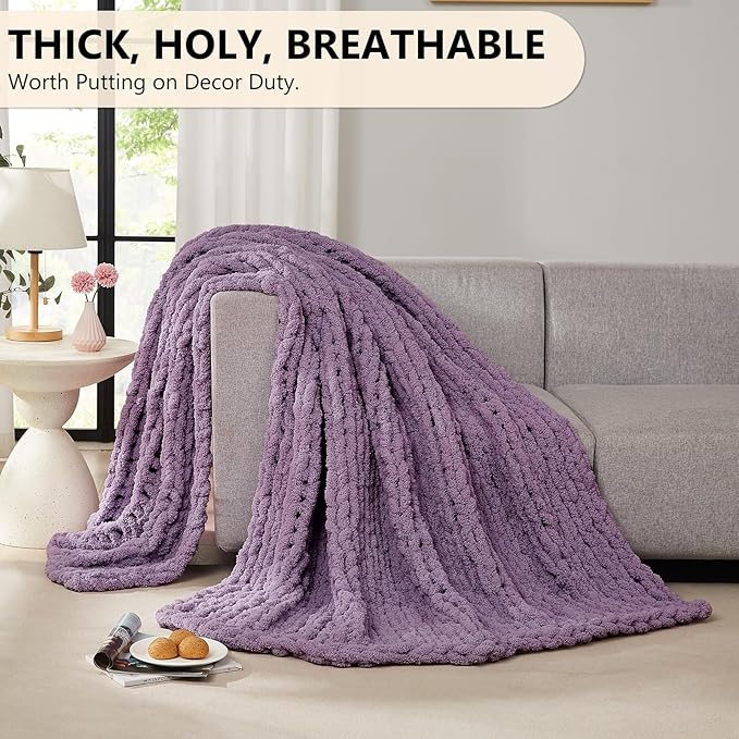 L'AGRATY Chunky Knit Throw Blanket for Couch, 60 x 80 Inches, Deep Purple | Handmade Chenille Crochet Blanket for Sofa Bed, Thick Cable Knitted Blankets for Room Home Decor, Birthday Gift for Women Mom