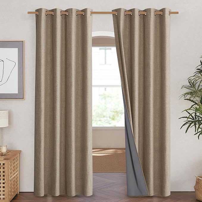 NICETOWN Burlap Blackout Curtains for Dining Room 52" w x 84" L 2 Panels | Vintage Open Linen Weave Flax Thermal Curtains, Soundproof Window Treatment Drapes for Hall Room Bedroom Living Room Decor