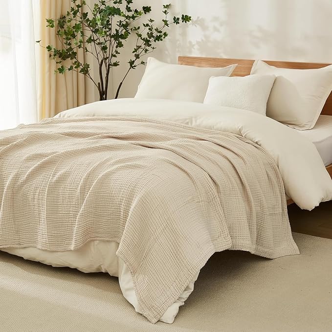 EMME Muslin Blankets for Adults Throw Blanket for Couch Breathable Gauze Soft Lightweight Airy Beige Twin 60" x 80"