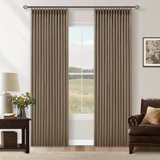 TWODRAPES Latte 80 Inch Pinch Pleated Linen Blackout Curtains for Living Room