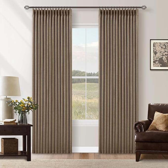 Latte Pleated Linen 100% Blackout 84 Inch Curtains for Bedroom Living Room | Pinch Pleat, Black Out, Thermal Insulated, with Rings Hooks Back Tab, Room Darkening Drapes, Light Brown Curtains with Liner